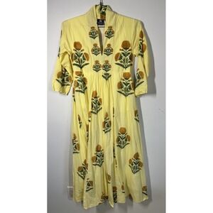 Madison Mathews The Row Maxi Dress Yellow Layered Cotton 3/4 Sleeve Size XS Boho